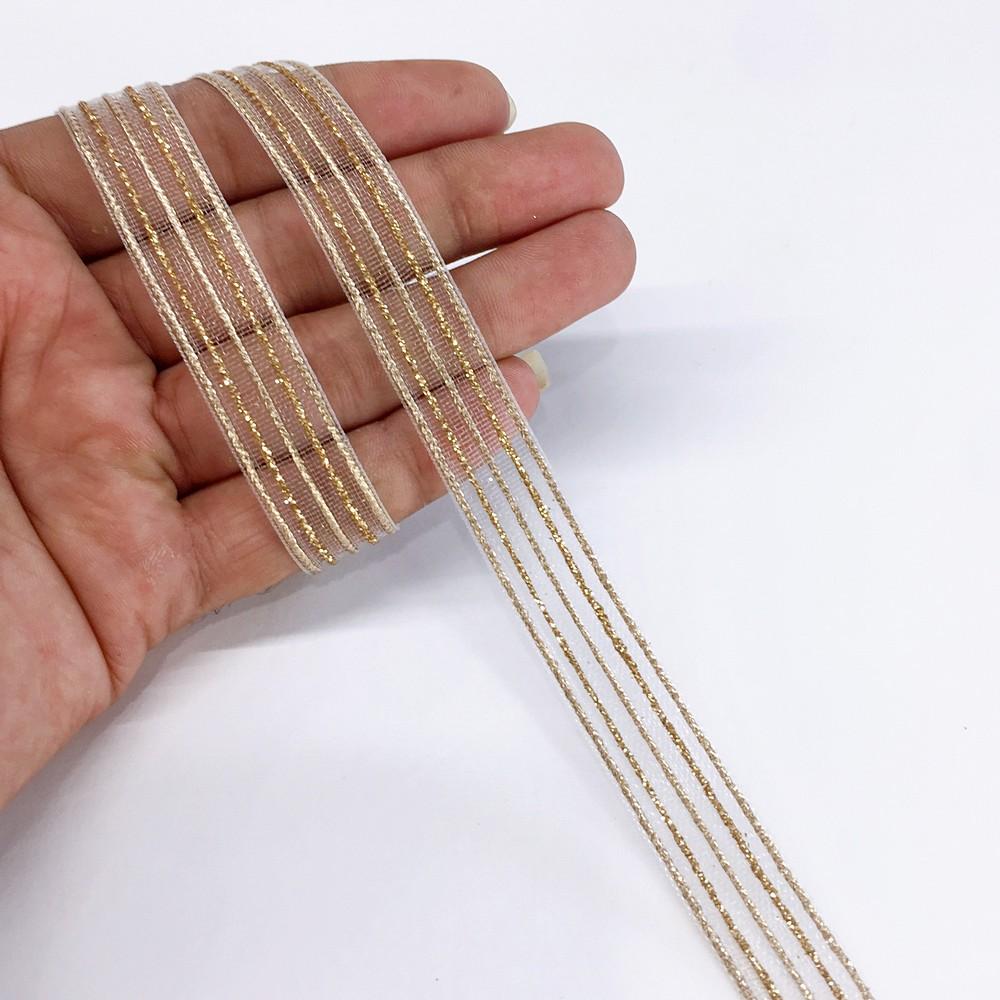 17 mm Sheer Ribbon with 5 line Glitter Shiny Metallic Thread, shown on white cotton