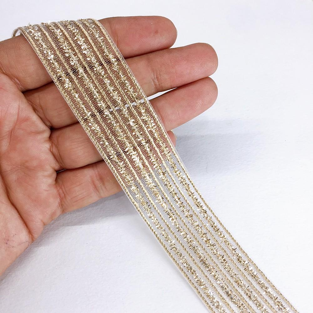 34 mm Sheer Ribbon with 9 line Glitter Shiny Metallic Thread, shown on white cotton