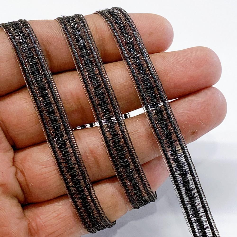 7 mm Sheer Ribbon with 3 line Glitter Shiny Metallic Thread, shown on white cotton