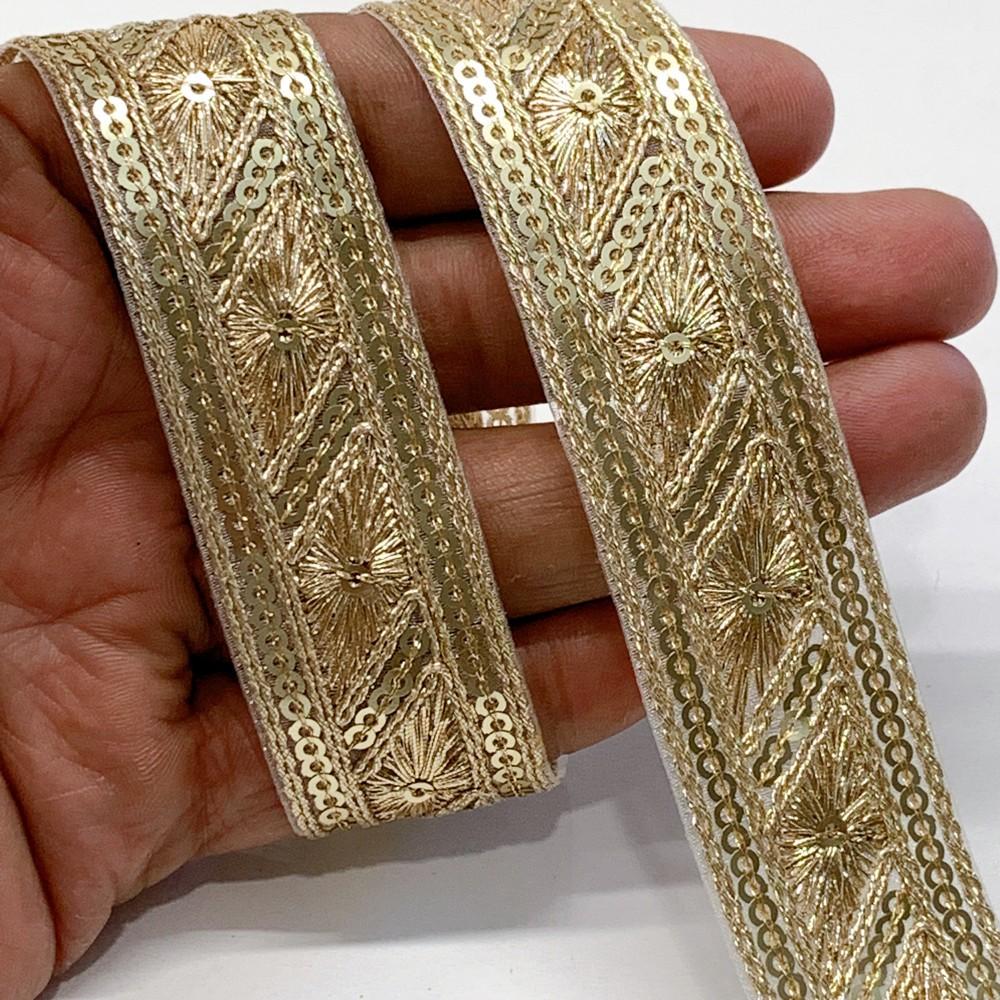 25mm Designer Embroidery Lace With Sequins And Dori Work, shown on white cotton