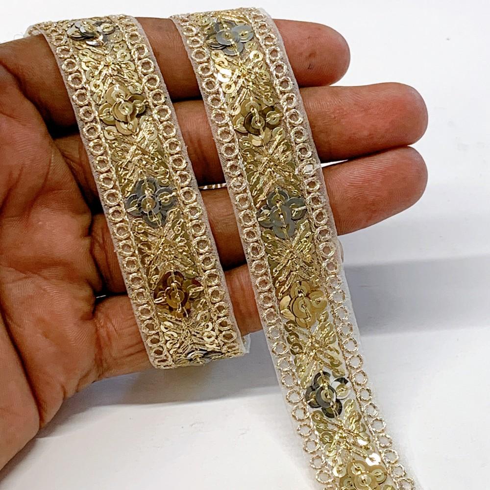 20mm Designer Embroidery Lace With Sequins And Dori Work, shown on white cotton