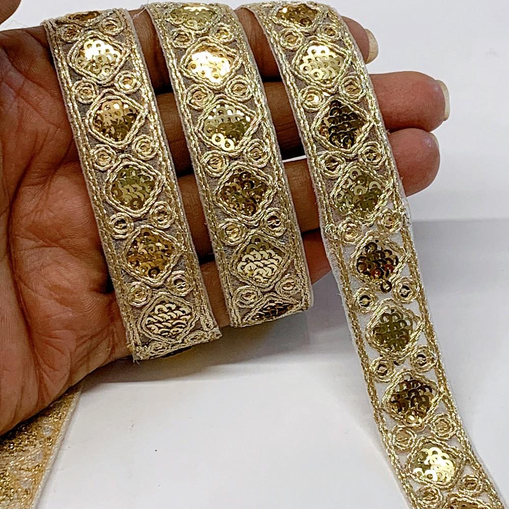 18mm Designer Embroidery Lace With Sequins And Dori Work, shown on white cotton
