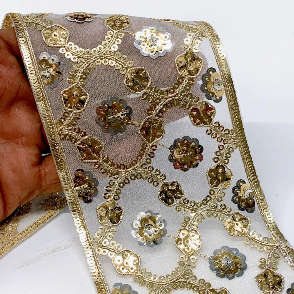 90mm Designer Embroidery Lace With Sequins And Dori Work, shown on white cotton