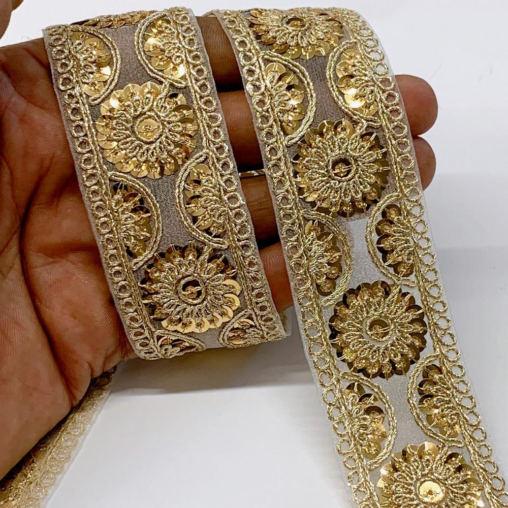 35mm Floral Design Sequins Embroidery Lace With Dori Work, shown on white cotton