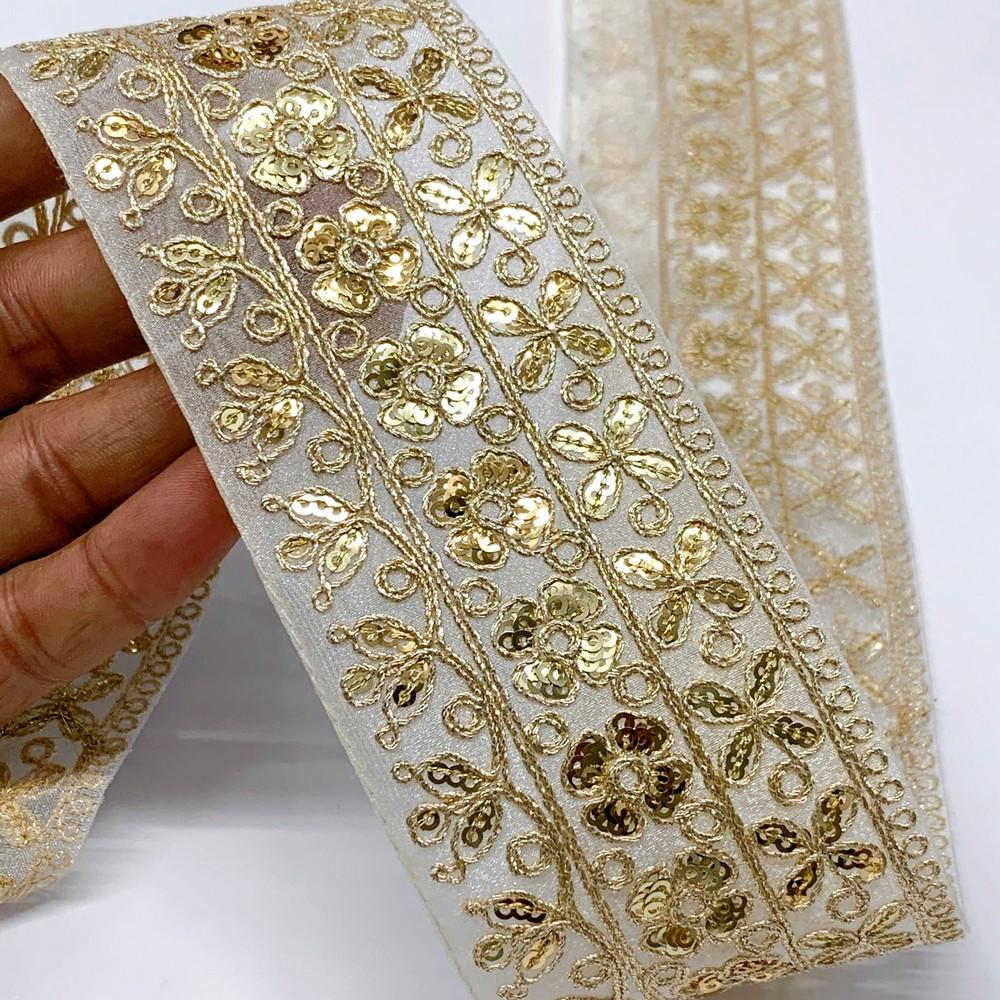 60mm Designer Embroidery Lace With Sequins And Dori Work, shown on white cotton