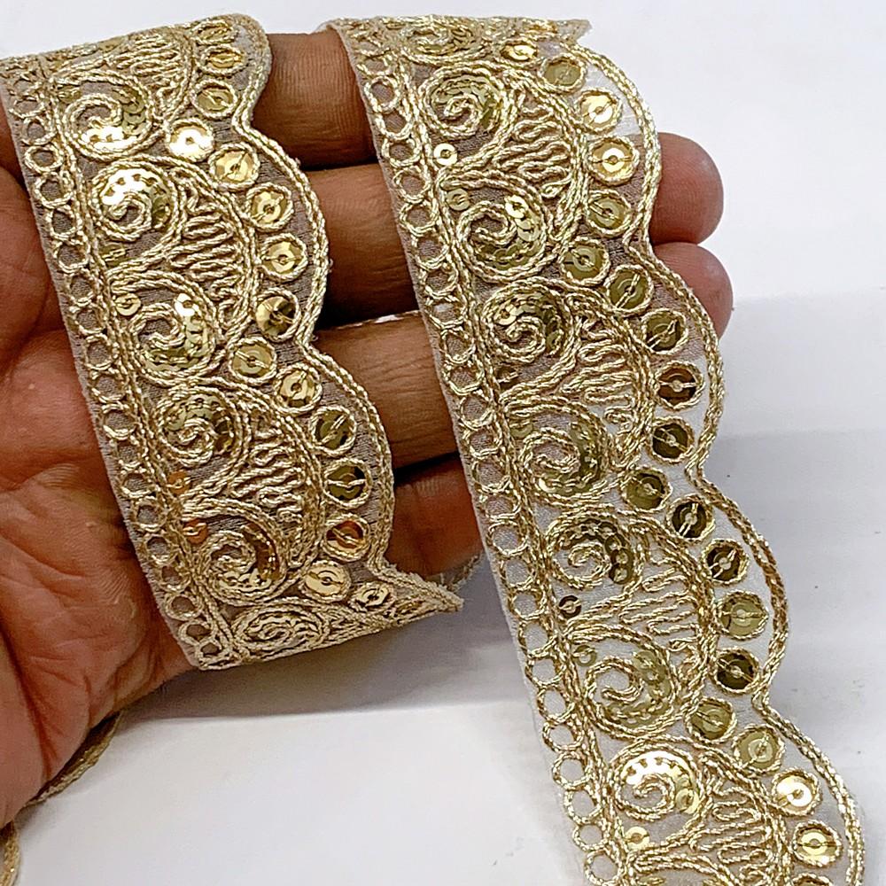 32mm Designer Cutwork Embroidery Lace With Sequins And Dori Work, shown on white cotton