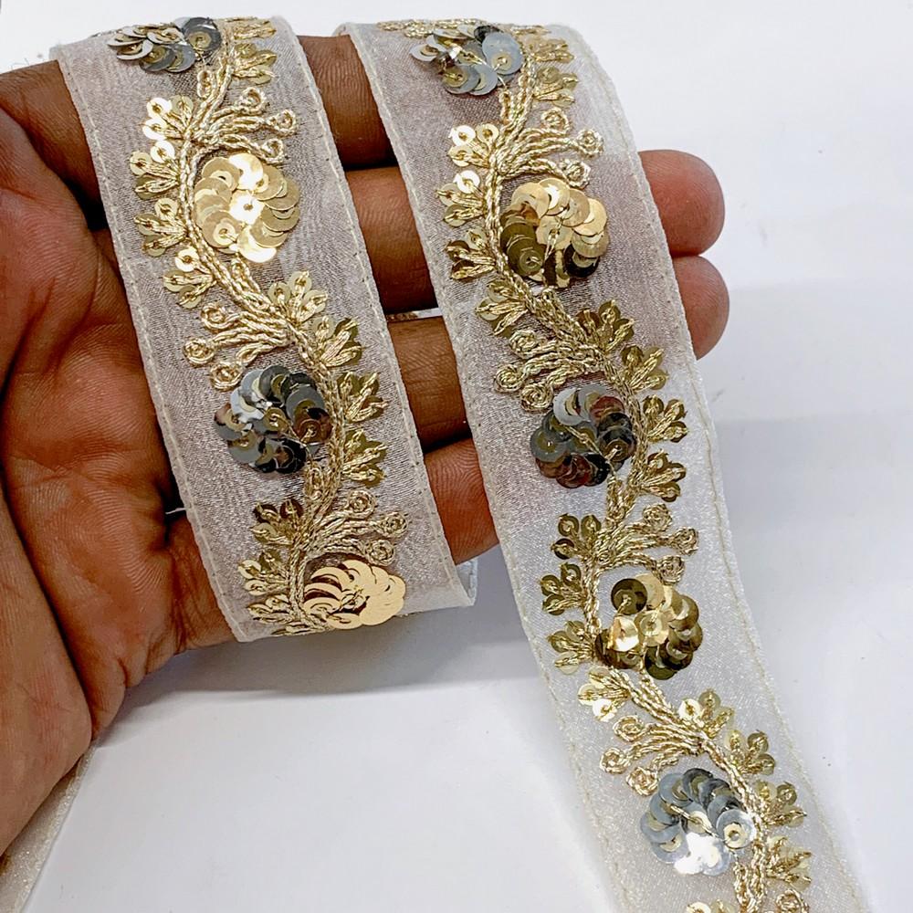 30mm Floral Design Sequins Embroidery Lace With Dori Work, shown on white cotton