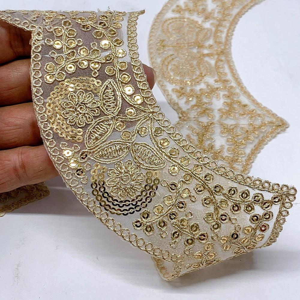 60mm Rose Design cutwork Sequins Embroidery Lace With Dori Work, shown on white cotton