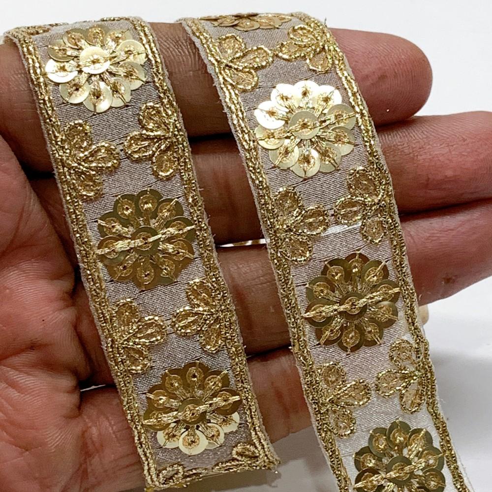 21mm Designer Embroidery Lace With Sequins And Dori Work, shown on white cotton