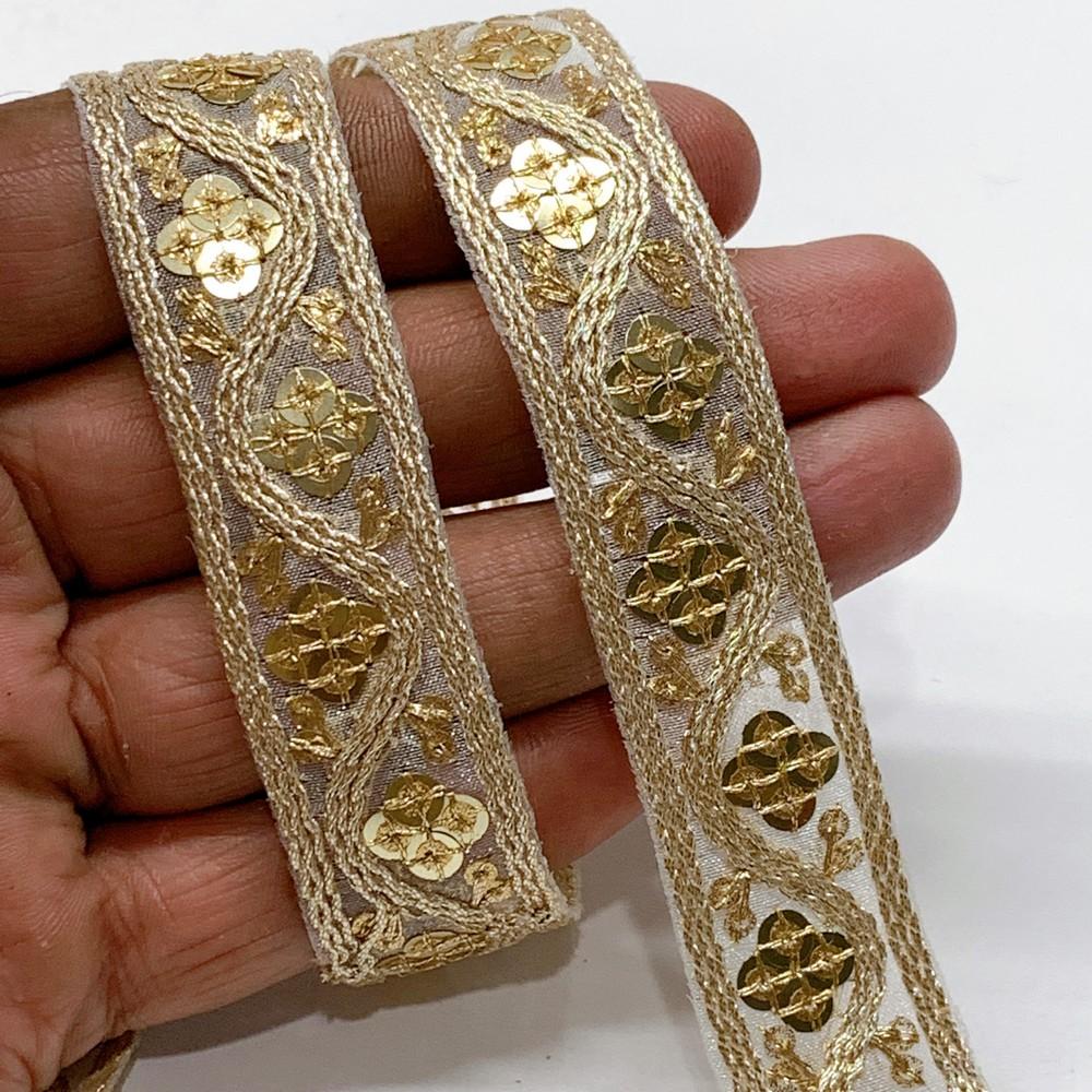19mm Designer Embroidery Lace With Sequins And Dori Work, shown on white cotton