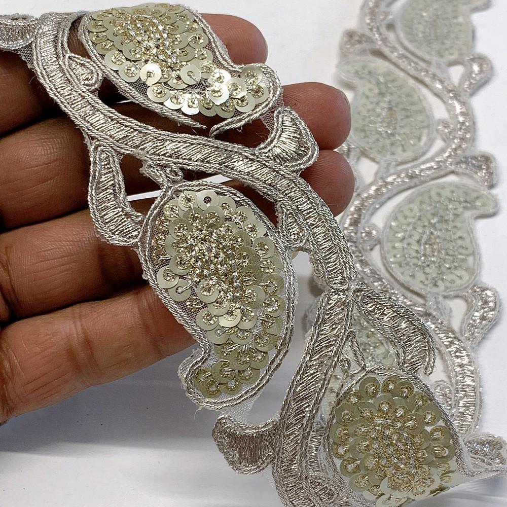 48mm Designer Cutwork Embroidery Lace With Sequins And Dori work, shown on white cotton