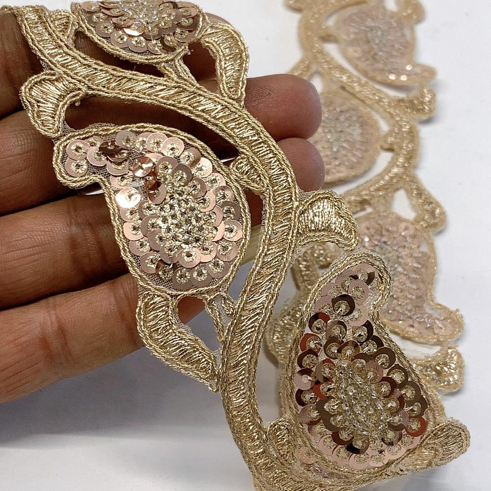 48mm Designer Cutwork Embroidery Lace With Sequins And Dori work, shown on white cotton