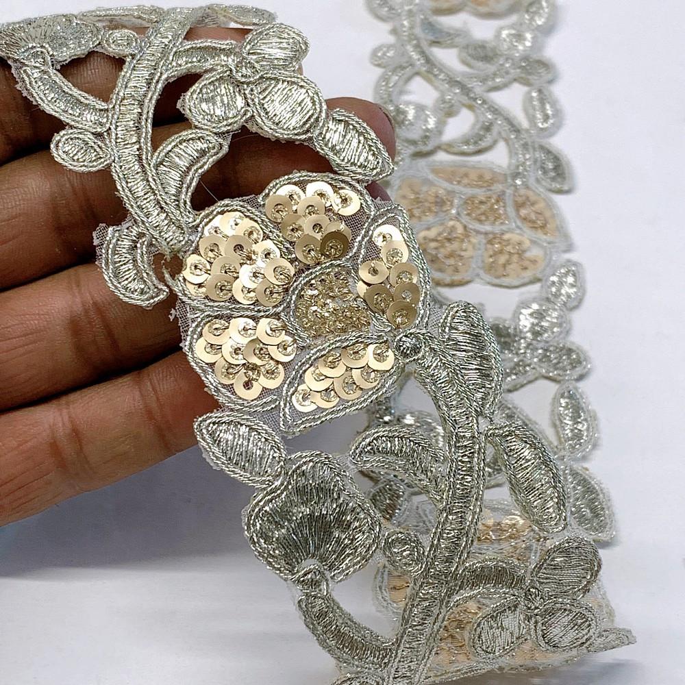 48mm Designer Cutwork Embroidery Lace With Sequins And Dori work, shown on white cotton