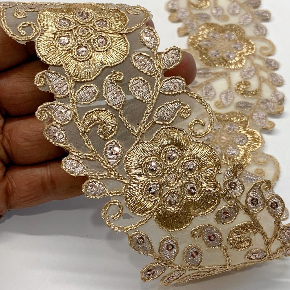 56mm Designer Flower Cutwork Embroidery Lace With Sequins And Dori work, shown on white cotton