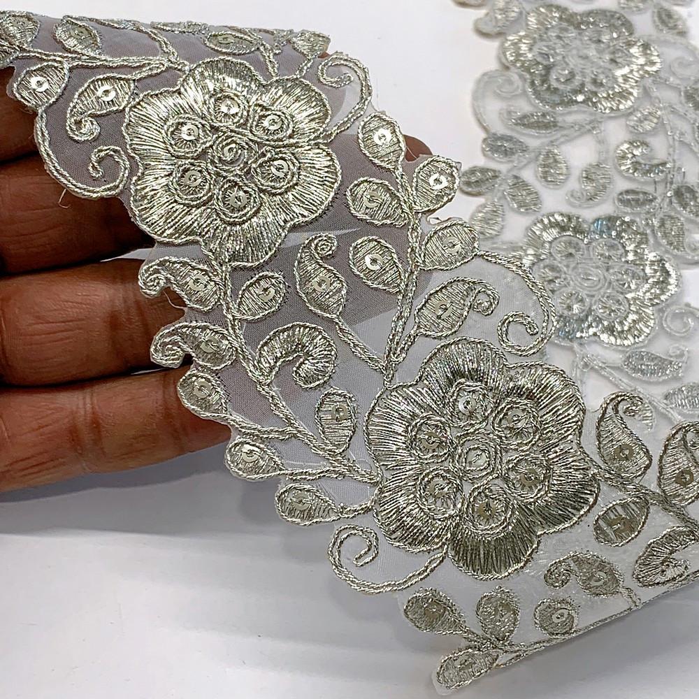 56mm Designer Flower Cutwork Embroidery Lace With Sequins And Dori work, shown on white cotton