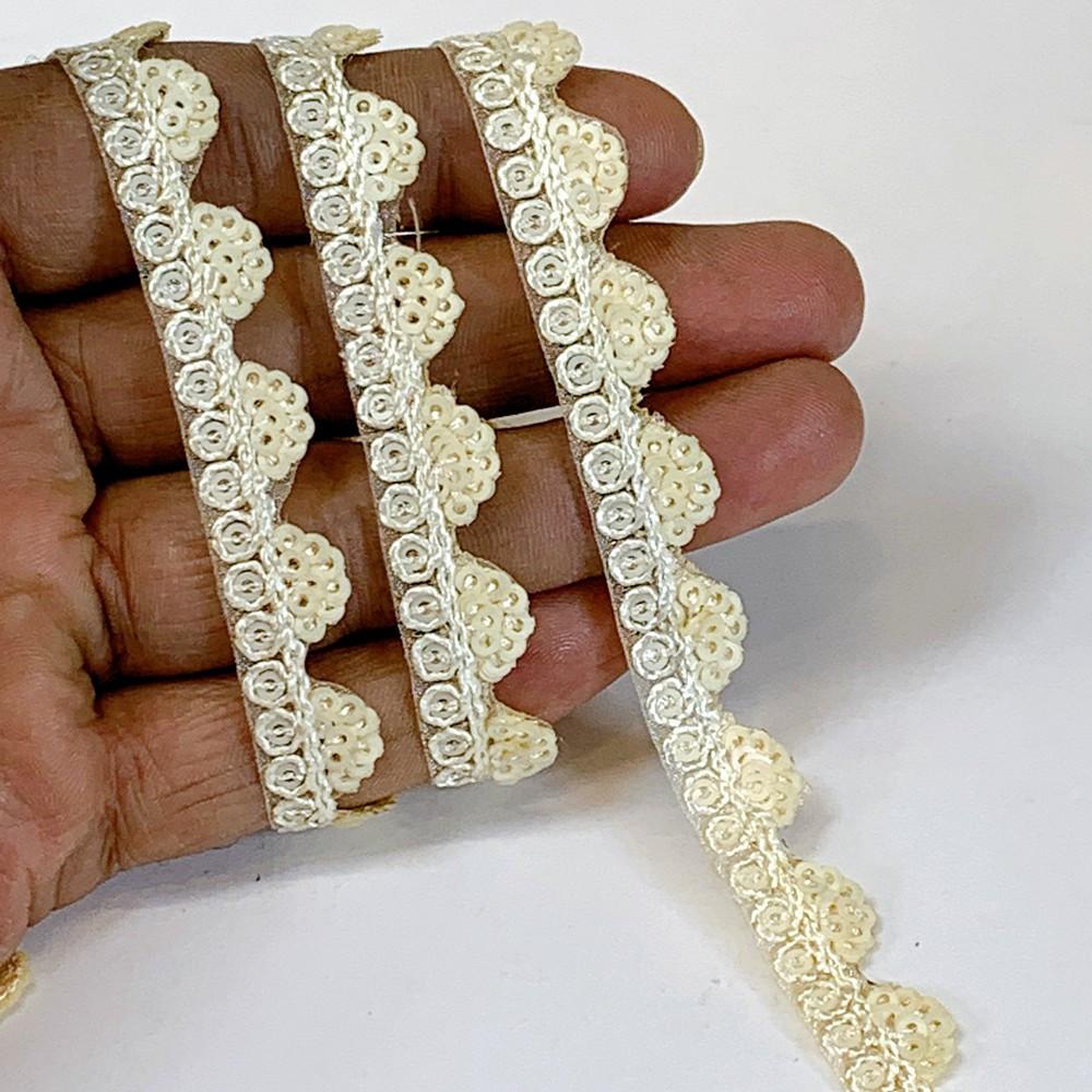 11mm Designer Cutwork Embroidery Lace With Sequins And Dori work, shown on white cotton