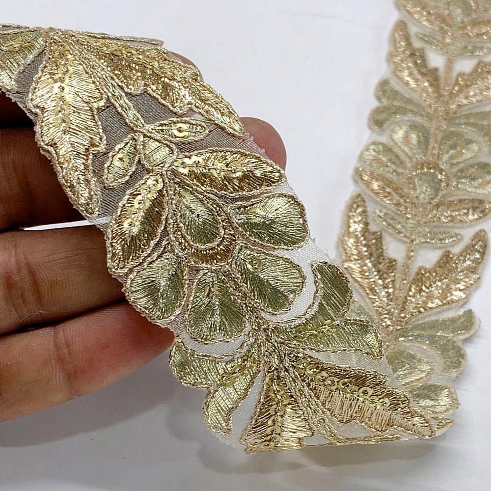 36mm Designer Flower Cutwork Embroidery Lace With Sequins And Dori work, shown on white cotton