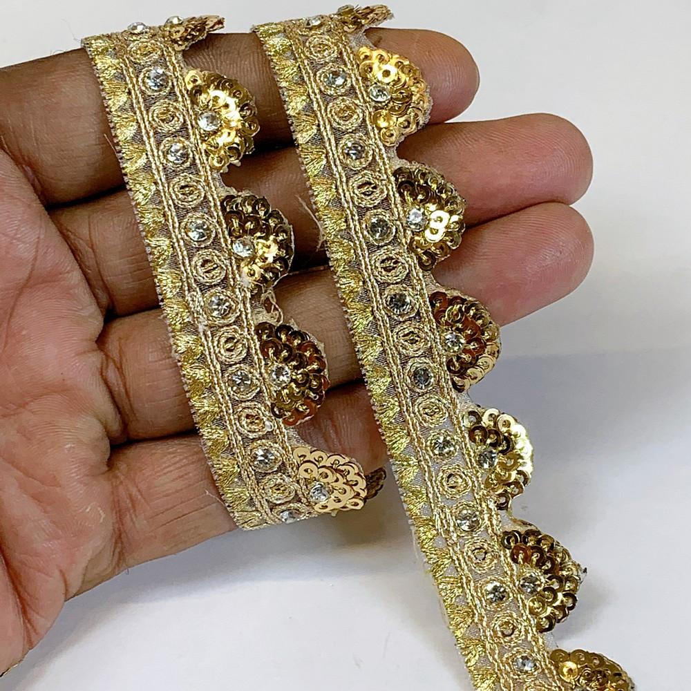 20mm Designer Cutwork Sequins Embroidery Lace With Stones And Dori Work, shown on white cotton