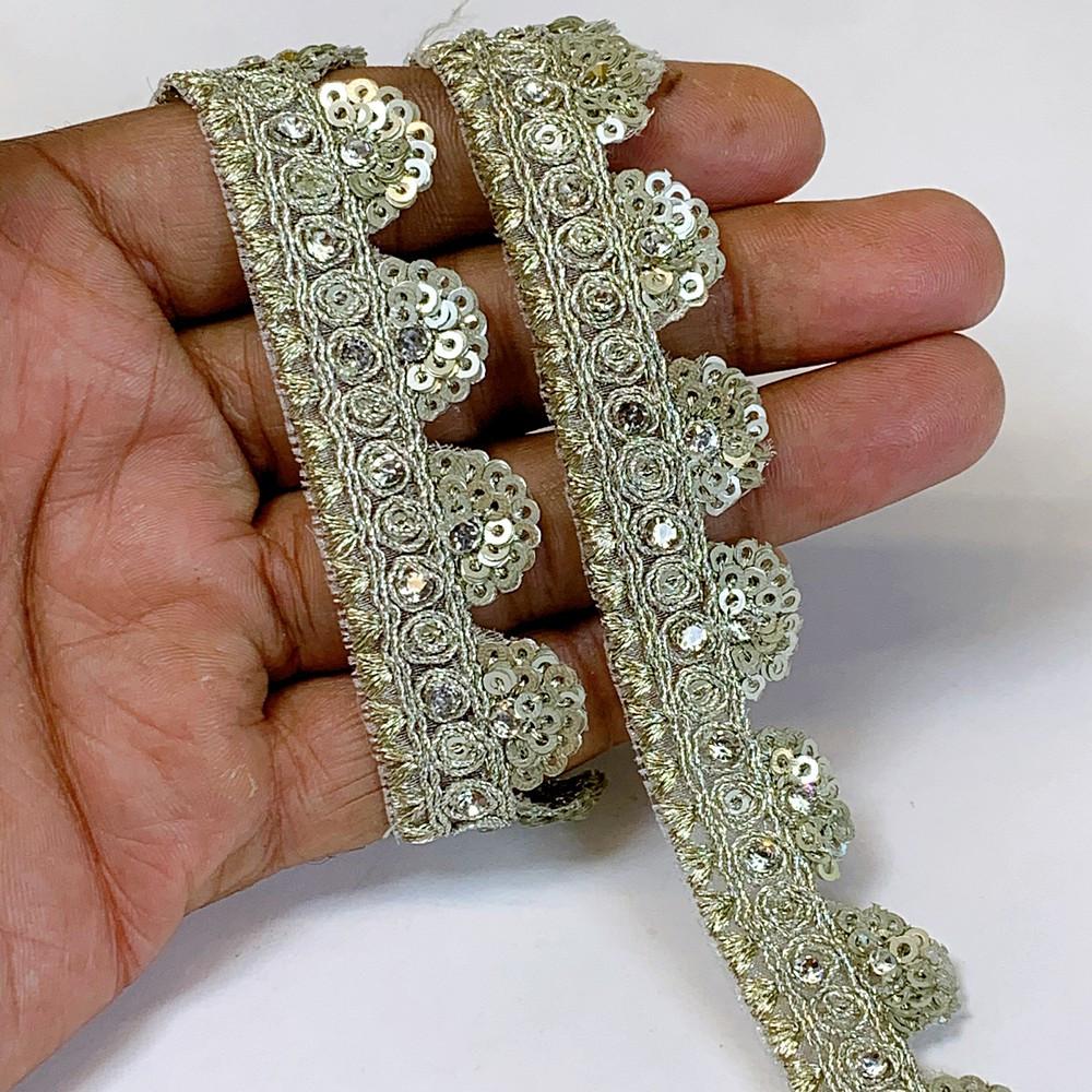 20mm Designer Cutwork Sequins Embroidery Lace With Stones And Dori Work, shown on white cotton