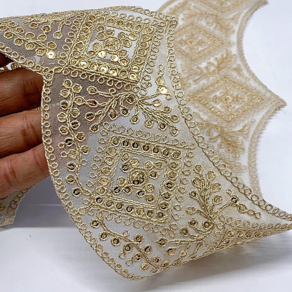 75mm Designer Embroidery Lace With Sequins And Dori Work, shown on white cotton