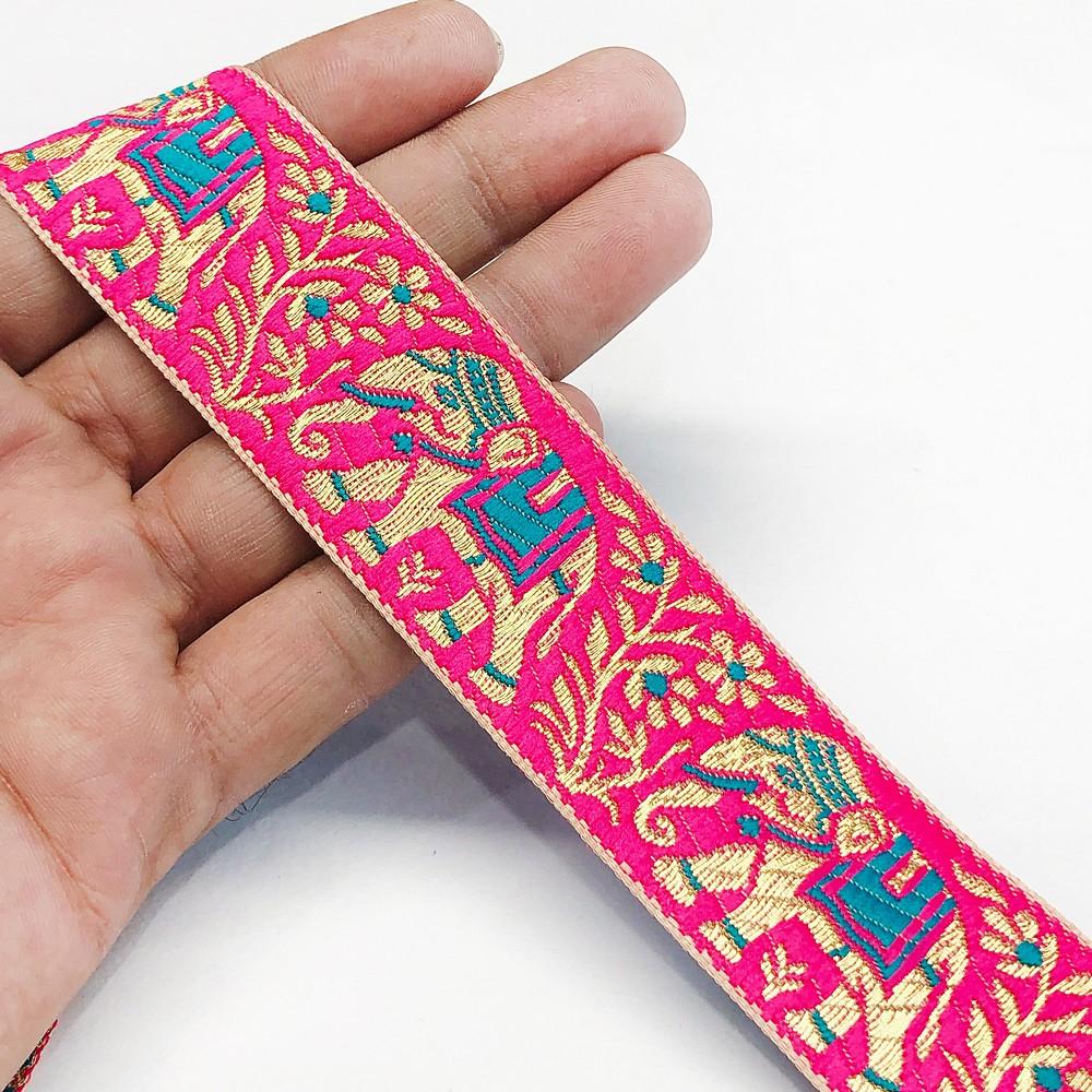 30mm Banarasi Jacquard Elephant Designer Ribbon, shown on white cotton