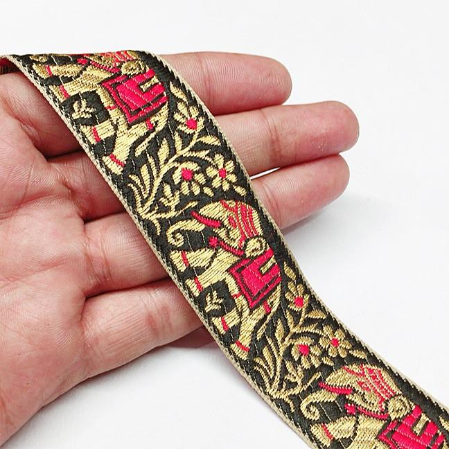 30mm Banarasi Jacquard Elephant Designer Ribbon, shown on white cotton