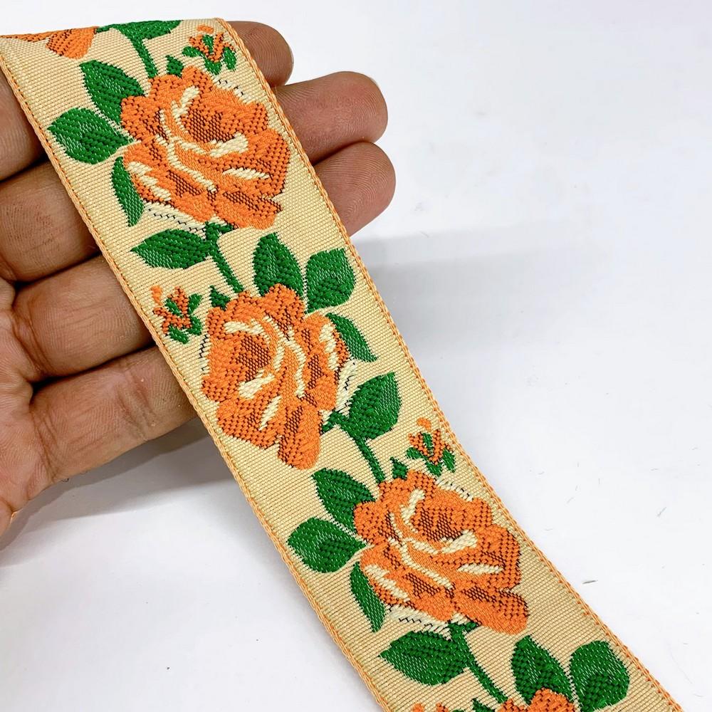 40mm Flower Design Jacquard Ribbon, shown on white cotton