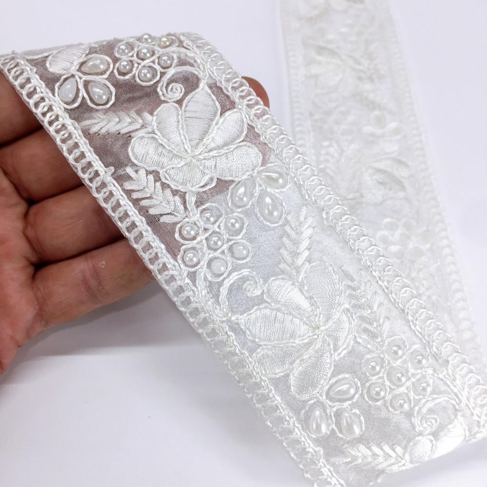 52 mm Dori Work Embroidery Lace with Moti Beads Work Border, shown on white cotton