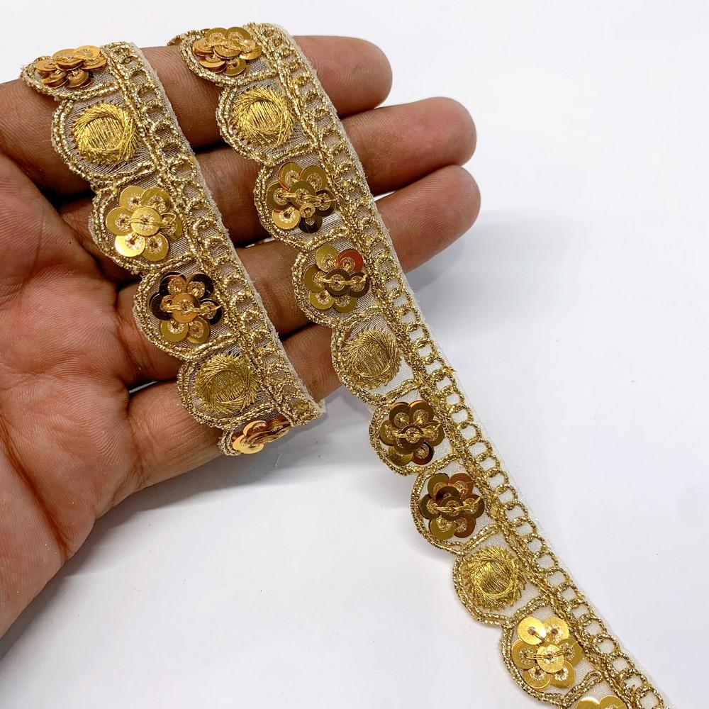 20mm Designer Cutwork Embroidery Lace With Sequins And Dori work, shown on white cotton
