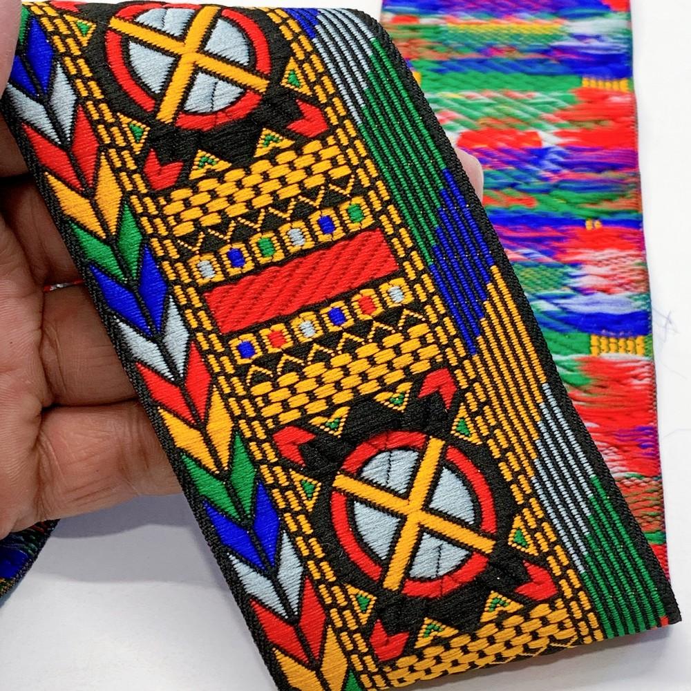 66 mm Geometrical ColourFul Jacquard Ribbon, shown on white cotton