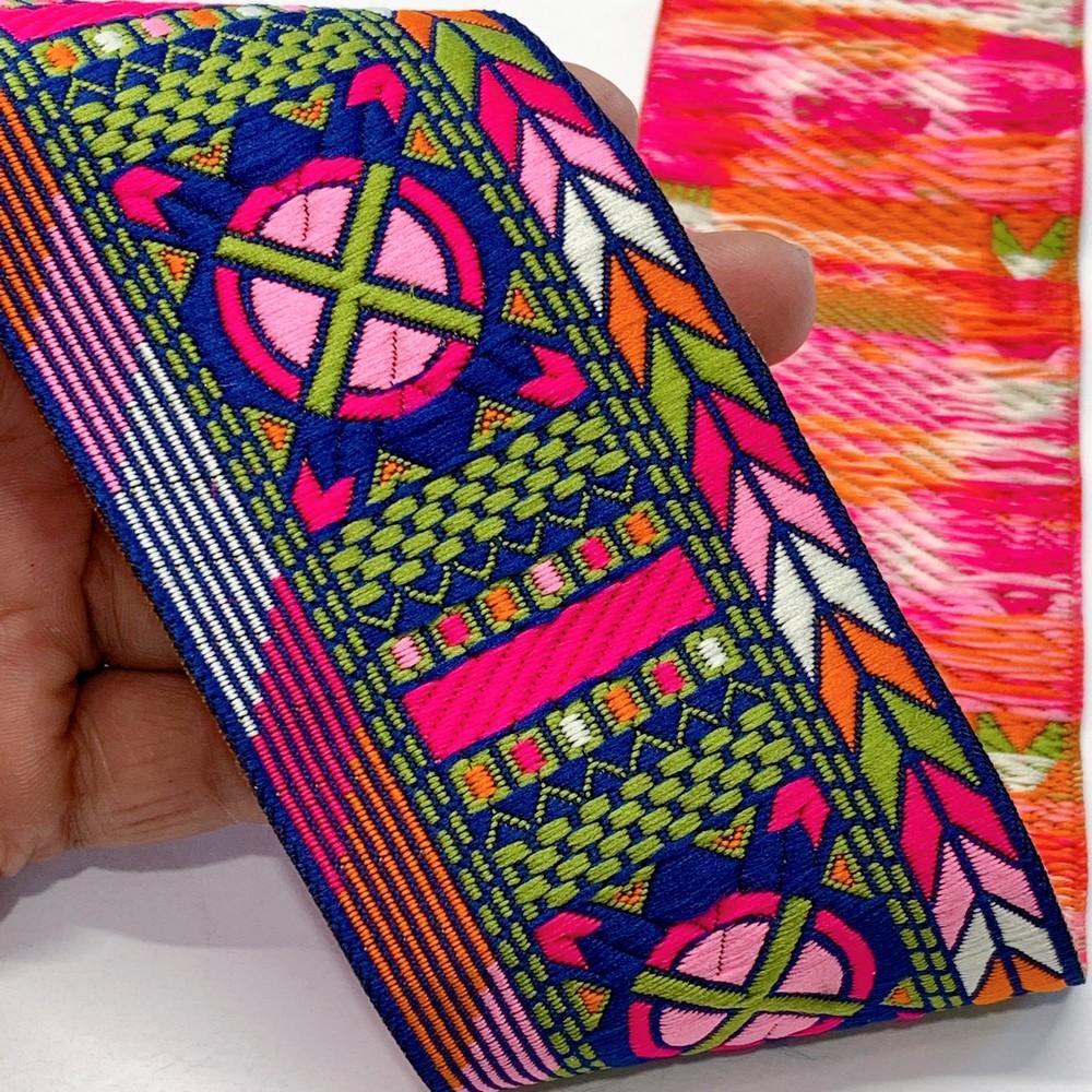 66 mm Geometrical ColourFul Jacquard Ribbon, shown on white cotton
