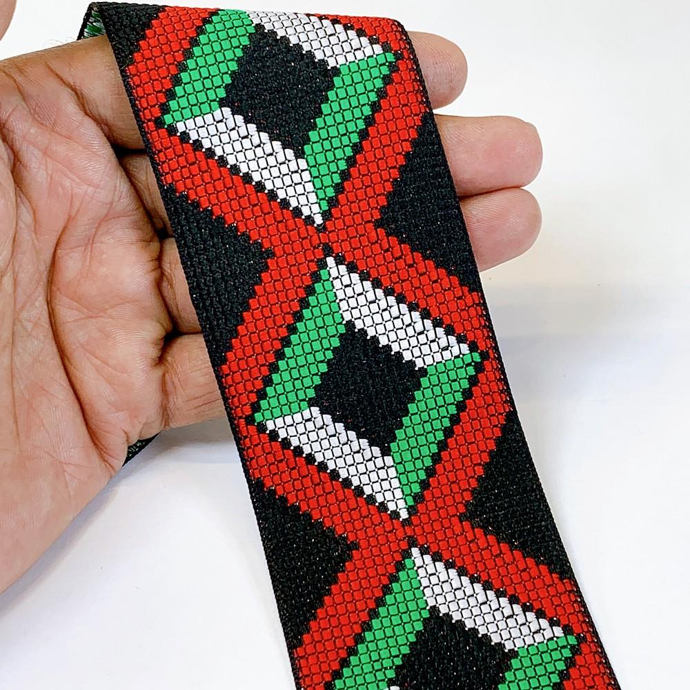 55mm Geometrical ColourFul Jacquard Ribbon, shown on white cotton