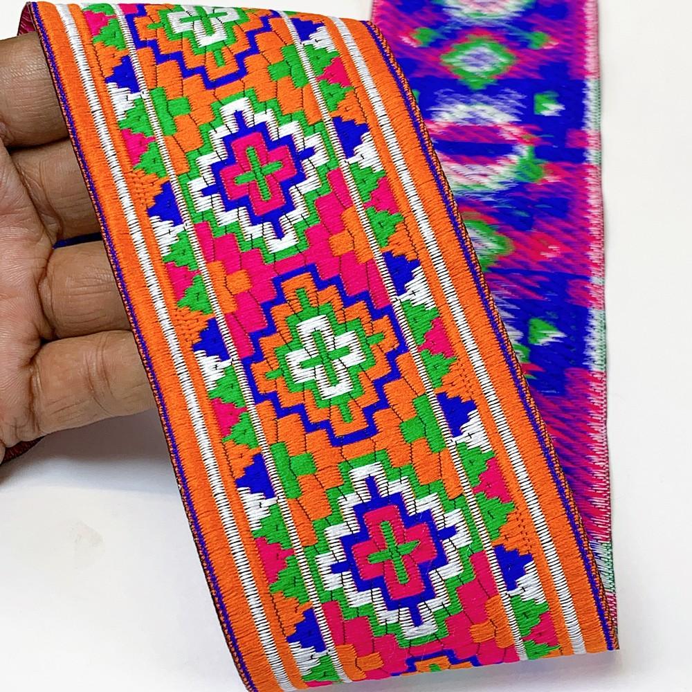 65mm Geometrical ColourFul Jacquard Ribbon, shown on white cotton