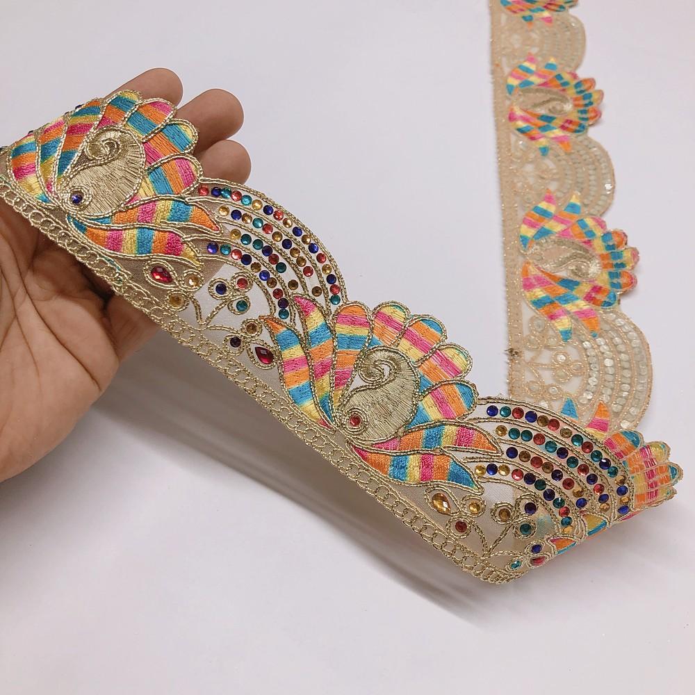 62 mm Designer Multicolour Threads Cutwork Dori Work Embroidery Lace With Stone Work, shown on white cotton