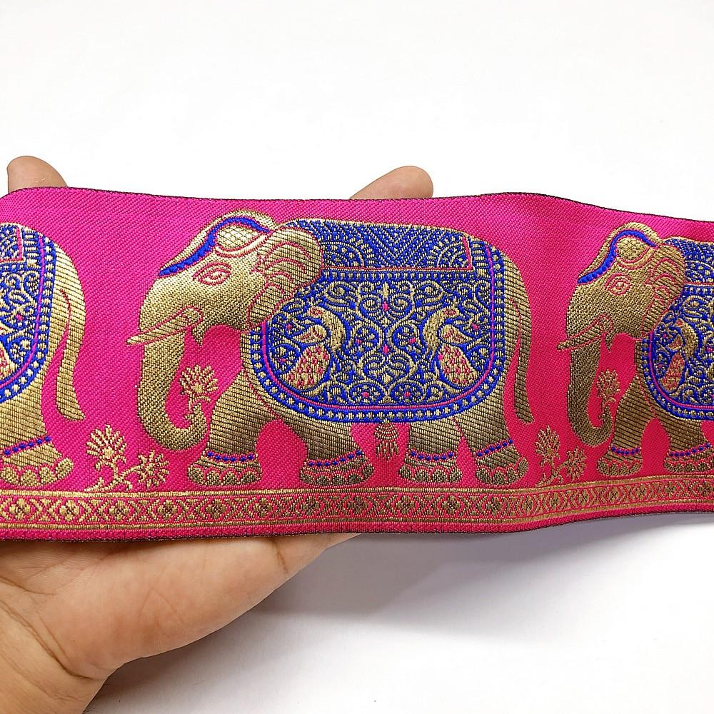 95mm Banarasi Jacquard Elephant Designer Ribbon, shown on white cotton