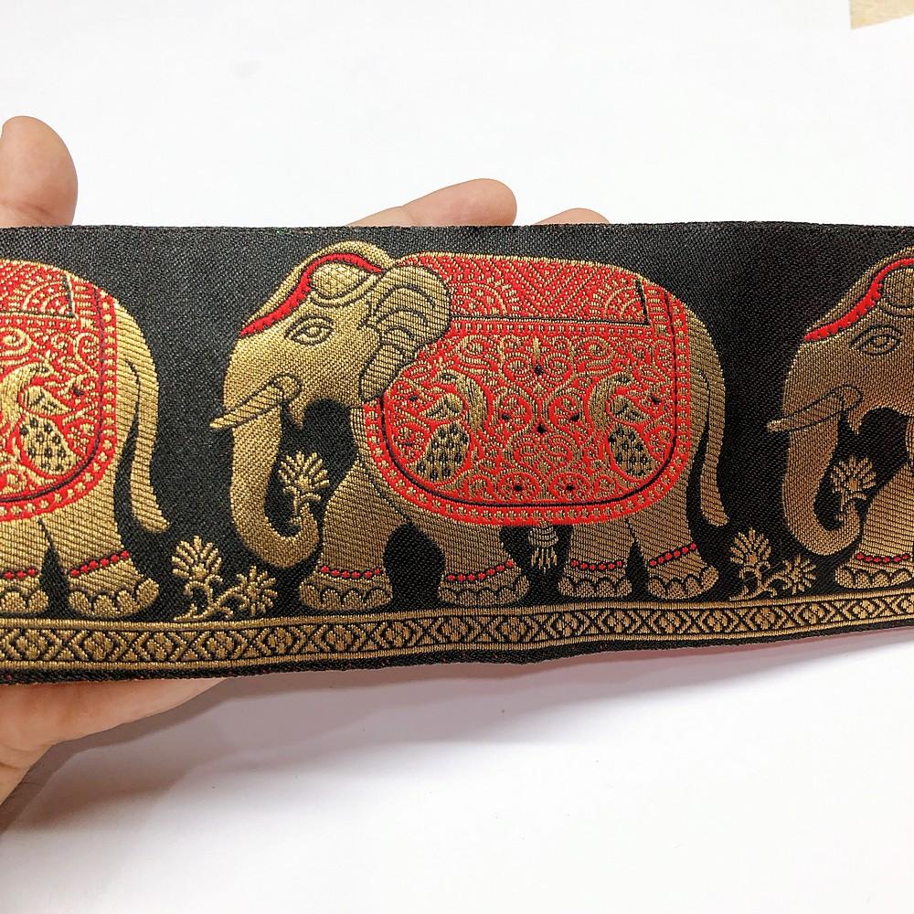 95mm Banarasi Jacquard Elephant Designer Ribbon, shown on white cotton