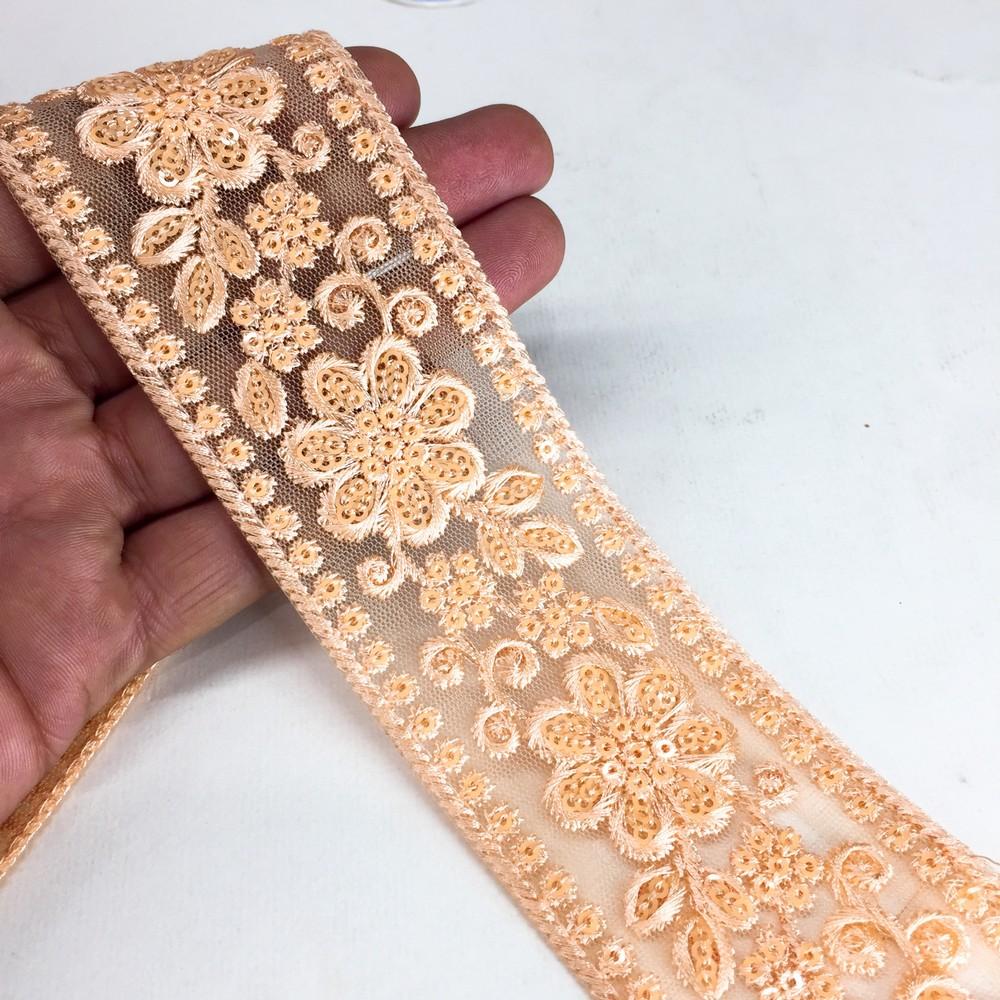 52 mm Flower Design Colour Cotton Thread Embroidery Lace With Sequins Work, shown on white cotton