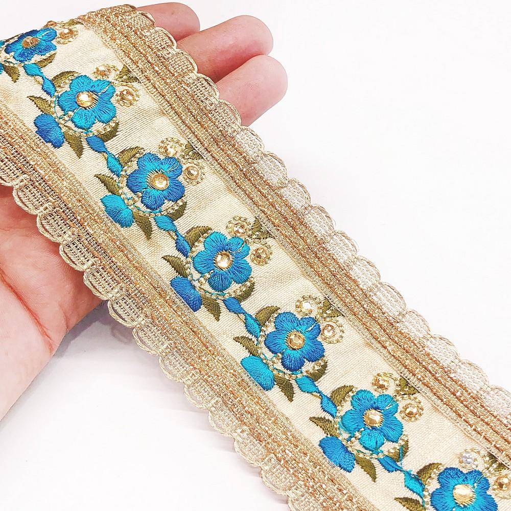65mm Designer Embroidery Lace With Stone Work in Sky Blue
