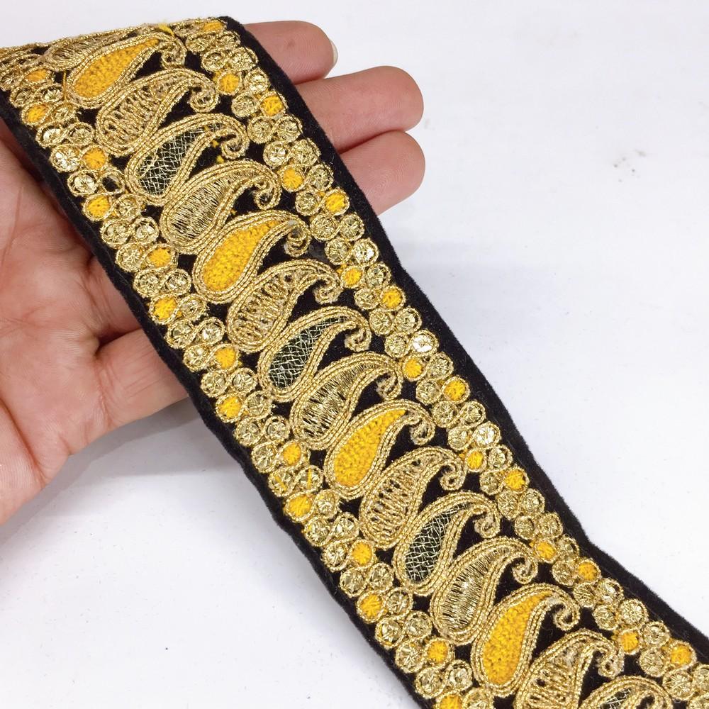 50mm Designer Embroidery Lace With Sequins And Dori Work, shown on white cotton