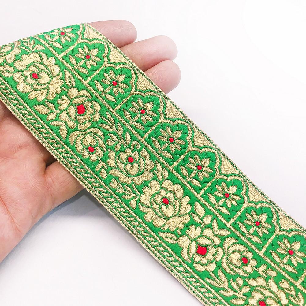 55mm Traditional Banarasi Flower Design Jacquard lace, shown on white cotton