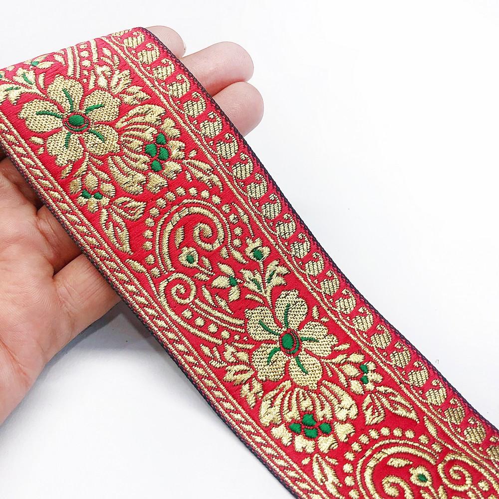56 mm Flower Design Banarasi Jacquard Lace, shown on white cotton
