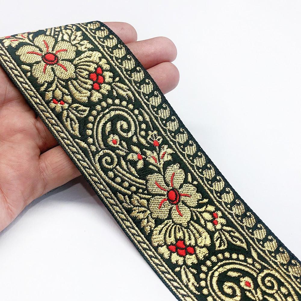 56 mm Flower Design Banarasi Jacquard Lace, shown on white cotton