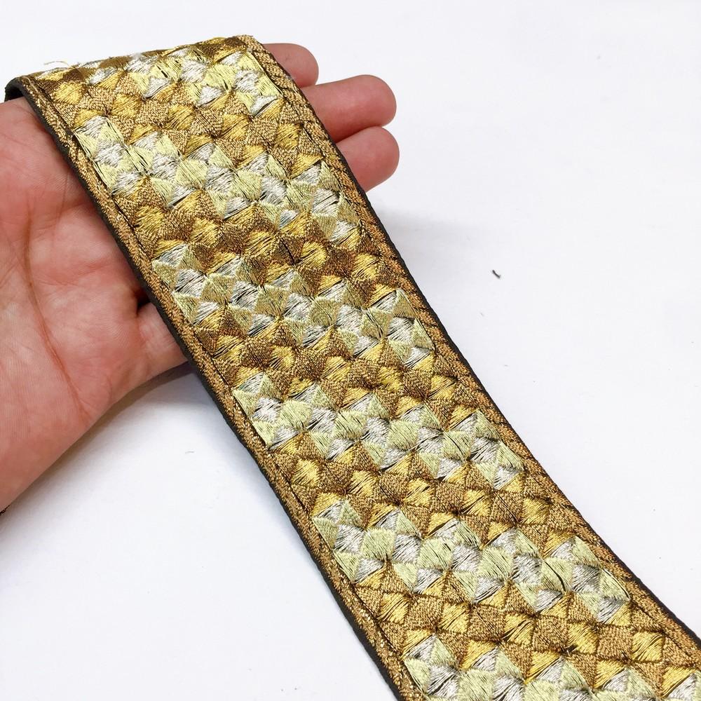 65mm Embroidery Checks Line Designen Lace, shown on white cotton