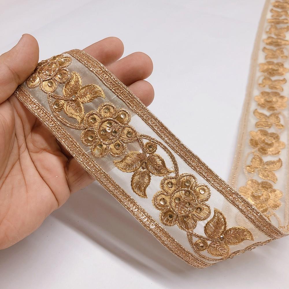 48 mm Designer Embroidery Lace With Stone And Dori Work, shown on white cotton