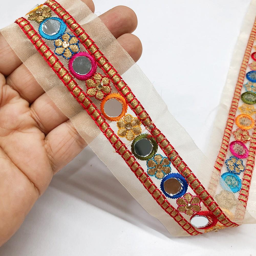 23 mm Designer Embroidery Lace With Sequins Work, shown on white cotton