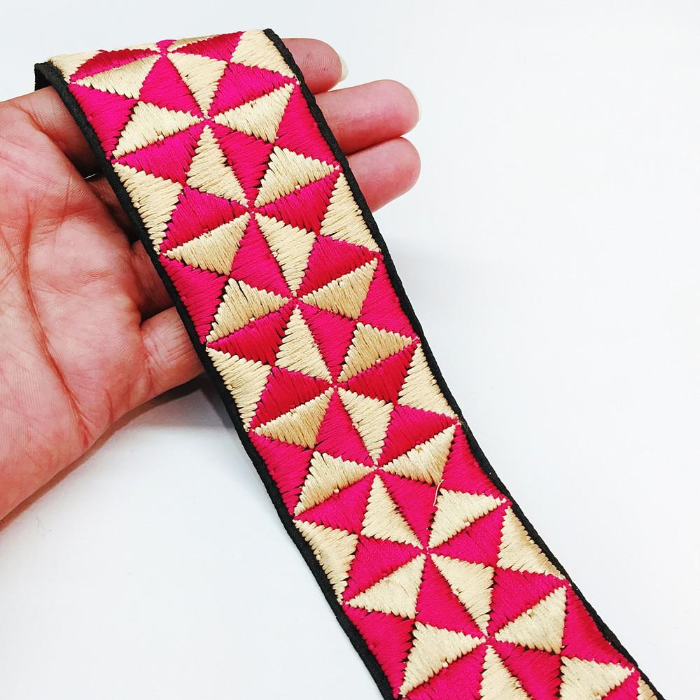 54 mm Square Design Embroidery Lace, shown on white cotton