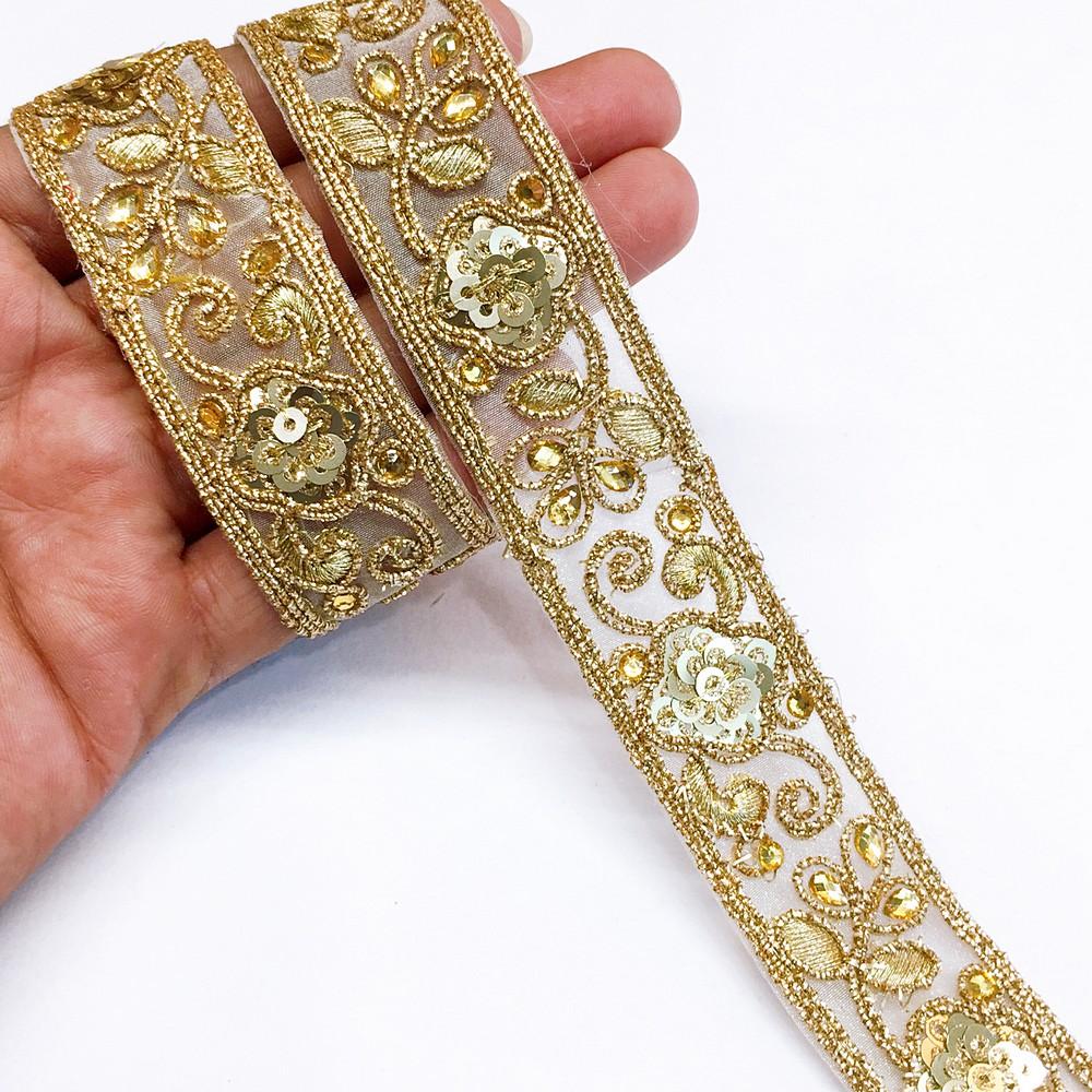 28 mm Designer Sequins Embroidery Lace With Stone And Dori Work, shown on white cotton