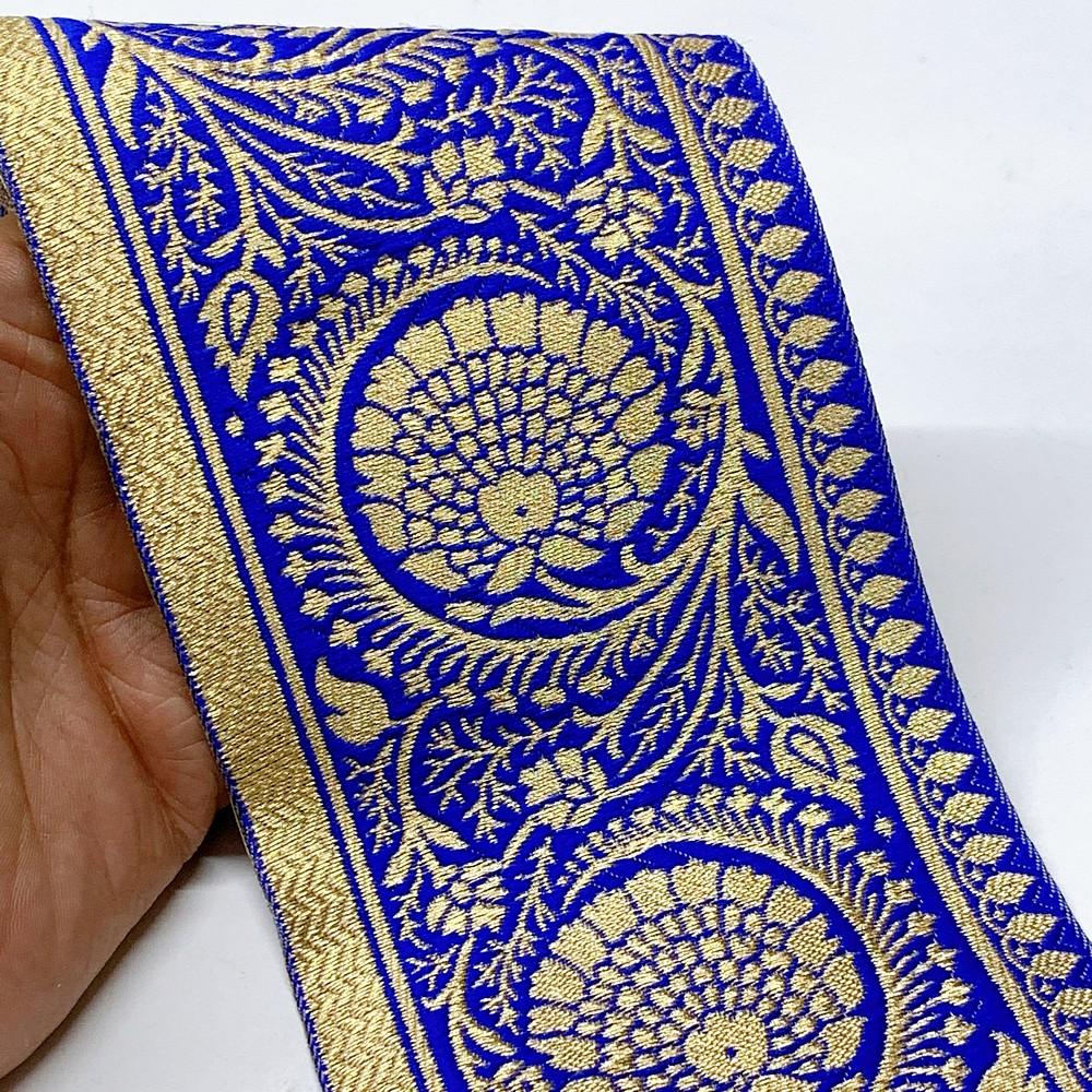100mm Flower Design Banarasi Jacquard Lace, shown on white cotton