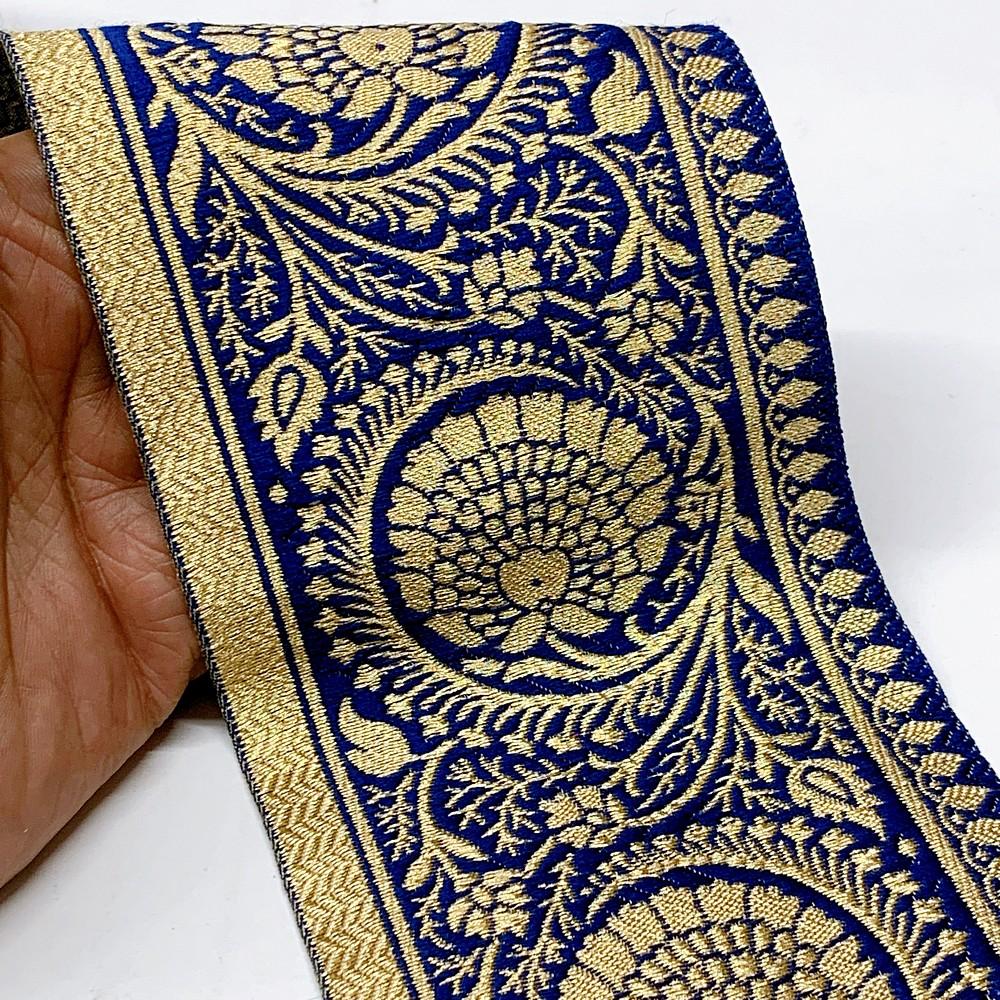 100mm Flower Design Banarasi Jacquard Lace, shown on white cotton