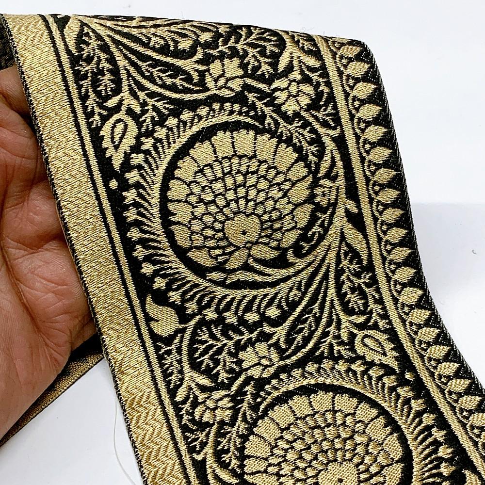 100mm Flower Design Banarasi Jacquard Lace, shown on white cotton
